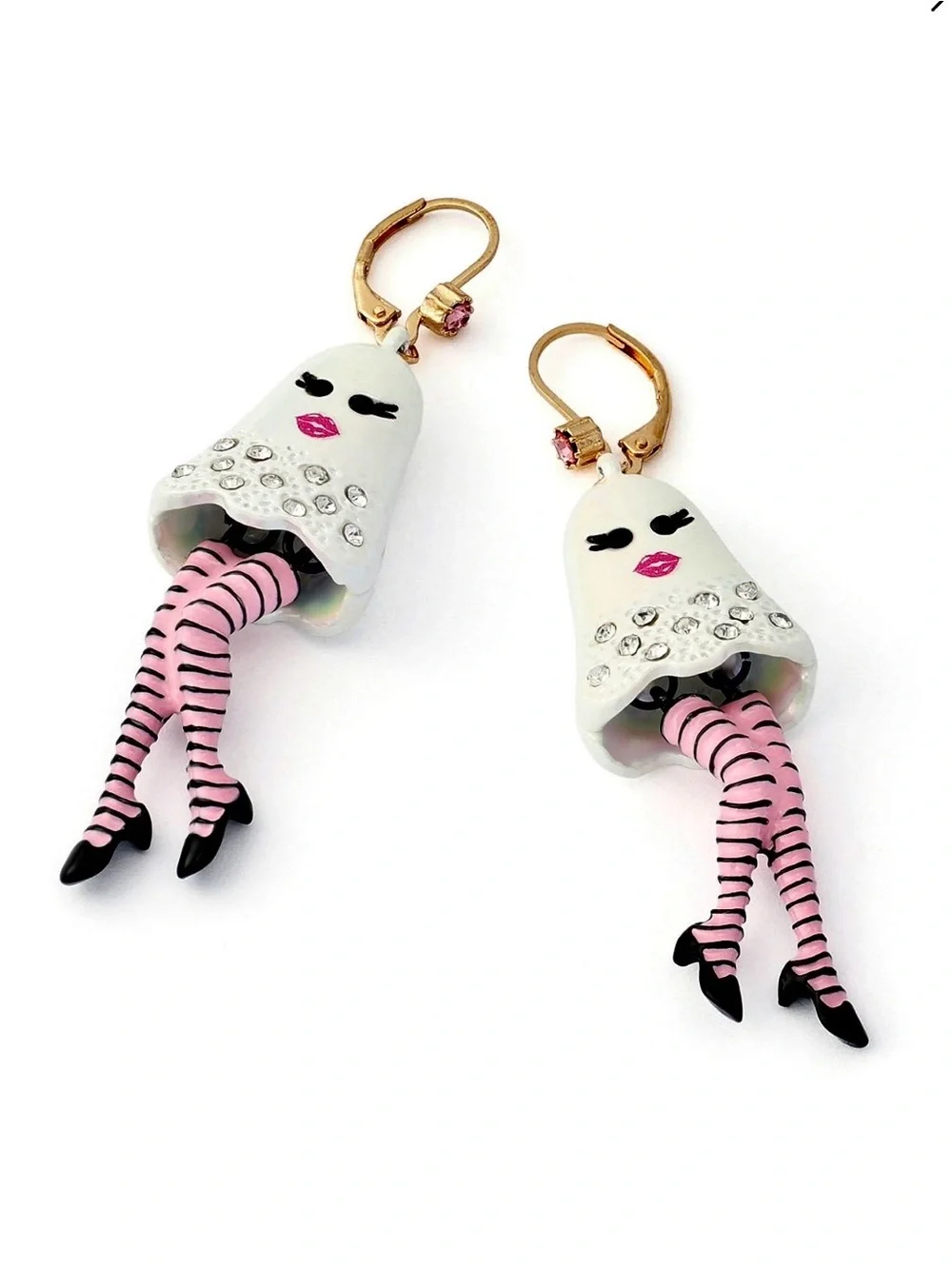 Betsey Johnson Pink & White Ghost Leg Drop Earrings with Crystal Accents